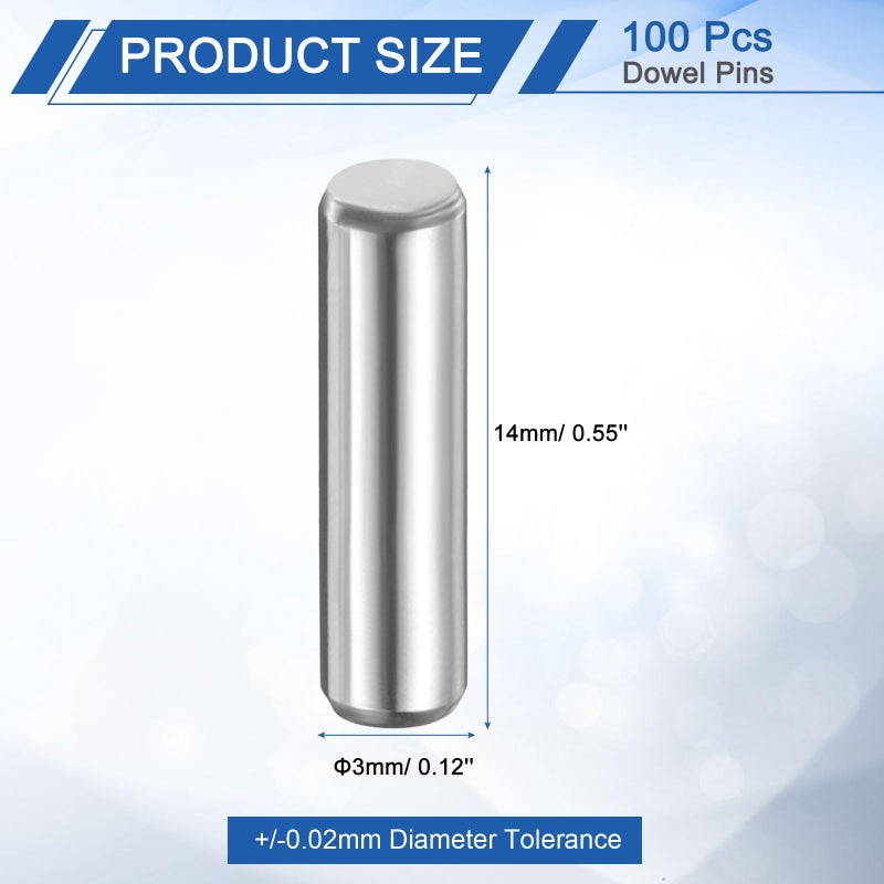 uxcell 100 Pcs 3mm x 14mm Dowel Pins Bearing Steel Cylindrical Dowel Pins Shelf Support Peg Pin Rod Fasten Elements Metal Shelf Pegs +/-0.02mm Diameter Tolerance, Silver Tone - Image 2